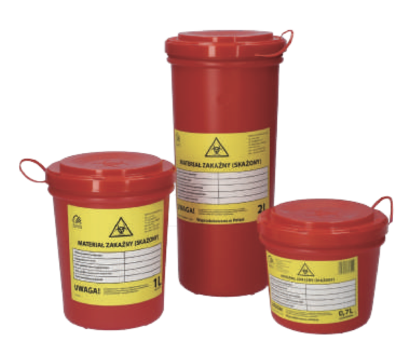 Nádoby - boxy na kontaminovaný medicínský odpad, objem 0,7 l (93mm x 109mm x 97mm), barva červená